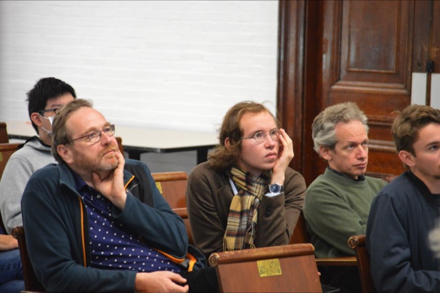 At the lecture (Pavel Etingof, Ivan Karpov, and Samuel Grushevsky)