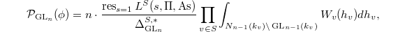 $$\mathcal{P}_{\GL_n}(\phi)=n\cdot \frac{\res_{s=1}L^S(s, \Pi, \mathrm{As})}{\Delta_{\GL_n}^{S,*}}\prod_{v\in S}\int_{N_{n-1}(k_v)\backslash \GL_{n-1}(k_v)}W_v(h_v)dh_v,$$